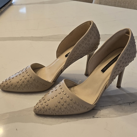 Elegant Beige Studded Women's Heels - Picture 2 of 5